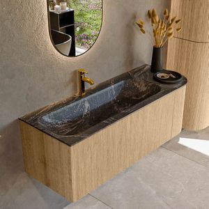 Mondiaz KURVE-DLUX 125 cm Onderkast Greeploos 1 Lade Met Deuren Oak, Wastafel Solid Surface Links Lava 1 Kraangat Zonder Spiegel (KRVBGM125R1L1D1KL-Oak/Lav)