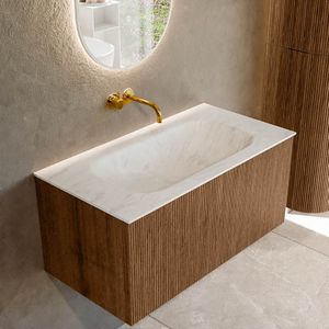 Mondiaz KURVE-DLUX 90 cm Onderkast Greeploos 1 Lade Zonder Deuren Walnut, Wastafel Solid Surface Midden Opalo 0 Kraangaten Zonder Spiegel (KRVBGS901L0D0KM-Wal/Opa)
