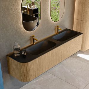 Mondiaz KURVE 175 cm Onderkast Greeploos 2 Lades Met Deuren Oak, Wastafel Solid Surface Rechts Urban 2 Kraangaten Zonder Spiegel (KRVBGS175L2L1D2KD-Oak/Urb)