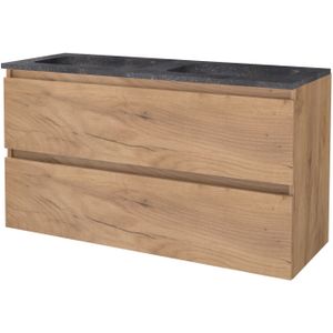 Badmeubelset bws salt 120x46 cm greeploos 2 lades met wastafel hardsteen 2 kraangaten whisky oak