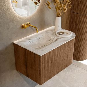 Mondiaz KURVE-DLUX 75 cm Onderkast Greeploos 1 Lade Met Deuren Walnut, Wastafel Solid Surface Links Glace 0 Kraangaten Zonder Spiegel (KRVGRU75R1L1D0KL-Wal/Gla)