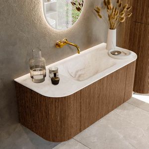 Mondiaz KURVE-DLUX 110 cm Onderkast Greeploos 1 Lade Met Deuren Walnut, Wastafel Solid Surface Midden Frappe 0 Kraangaten Zonder Spiegel (KRVCLO110L+R1L2D0KM-Wal/Fra)