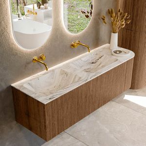 Mondiaz KURVE-DLUX 145 cm Onderkast Greeploos 1 Lade Met Deuren Walnut, Wastafel Solid Surface Links Glace 0 Kraangaten Zonder Spiegel (KRVLEA145R1L1D0KD-Wal/Gla)