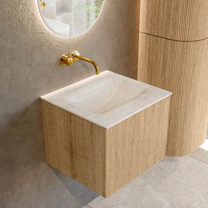 Mondiaz KURVE-DLUX 50 cm Onderkast Greeploos 1 Lade Zonder Deuren Oak, Wastafel Solid Surface Midden Ostra 0 Kraangaten Zonder Spiegel (KRVGRU501L0D0KM-Oak/Ost)