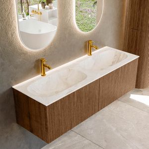 Mondiaz KURVE-DLUX 140 cm Onderkast Greeploos 2 Lades Zonder Deuren Walnut, Wastafel Solid Surface Dubbel Frappe 2 Kraangaten Zonder Spiegel (KRVSTS1402L0D2KD-Wal/Fra)
