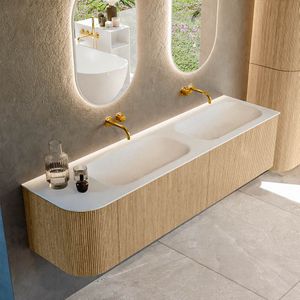 Mondiaz KURVE 175 cm Onderkast Greeploos 2 Lades Met Deuren Oak, Wastafel Solid Surface Rechts Talc 0 Kraangaten Zonder Spiegel (KRVBGS175L2L1D0KD-Oak/Tal)
