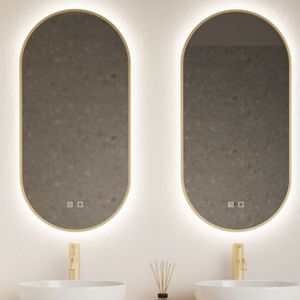 Spiegel gliss design aura 50x100 cm mat goud ovaal met led verlichting & geïntegreerde spiegelverwarming