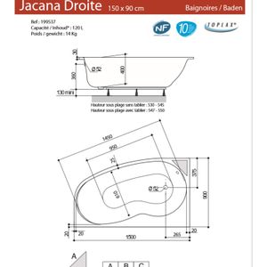 Jacana gain de place links asymmetrisch bad 150x90x54,5-54,8 cm