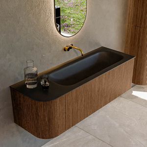 Mondiaz KURVE 135 cm Onderkast Greeploos 1 Lade Met Deuren Walnut, Wastafel Solid Surface Rechts Urban 0 Kraangaten Zonder Spiegel (KRVBGM135L1L1D0KR-Wal/Urb)