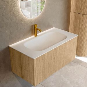 Mondiaz KURVE 90 cm Onderkast Greeploos 1 Lade Zonder Deuren Oak, Wastafel Solid Surface Midden Talc 1 Kraangat Zonder Spiegel (KRVBGS901L0D1KM-Oak/Tal)