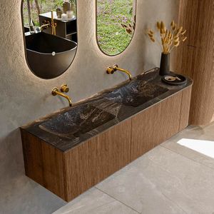 Mondiaz KURVE-DLUX 155 cm Onderkast Greeploos 2 Lades Met Deuren Walnut, Wastafel Solid Surface Links Lava 0 Kraangaten Zonder Spiegel (KRVLEA155R2L1D0KD-Wal/Lav)