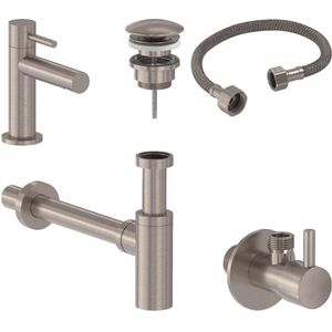 Fonteinkraan Combiset+ MAY Stilo S Model Fonteinkraan, Designplug Always Open, Designsifon & Hoekstopkraan Geborsteld Nickel PVD