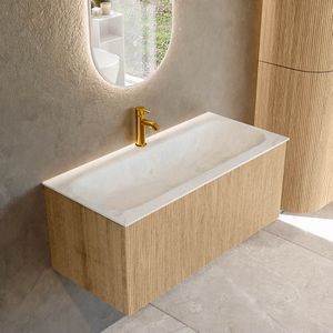 Mondiaz KURVE-DLUX 100 cm Onderkast Greeploos 1 Lade Zonder Deuren Oak, Wastafel Solid Surface Volledig Opalo 1 Kraangat Zonder Spiegel (KRVBGM1001L0D1KM-Oak/Opa)