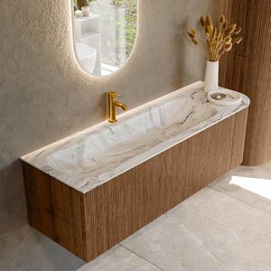 Mondiaz KURVE-DLUX 145 cm Onderkast Greeploos 1 Lade Met Deuren Walnut, Wastafel Solid Surface Links Glace 1 Kraangat Zonder Spiegel (KRVBGL145R1L1D1KL-Wal/Gla)