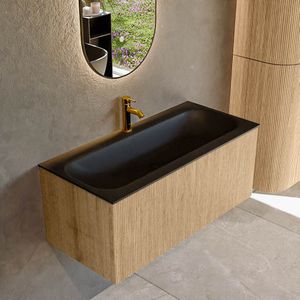 Mondiaz KURVE 100 cm Onderkast Greeploos 1 Lade Zonder Deuren Oak, Wastafel Solid Surface Volledig Urban 1 Kraangat Zonder Spiegel (KRVBGM1001L0D1KM-Oak/Urb)