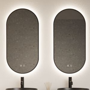 Spiegel Gliss Design Aura 50x100cm Mat Zwart Ovaal Met LED Verlichting & Geintegreerde Spiegelverwarming