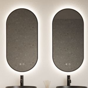 Spiegel gliss design aura 50x100 cm mat zwart ovaal met led verlichting & ge�ïntegreerde spiegelverwarming