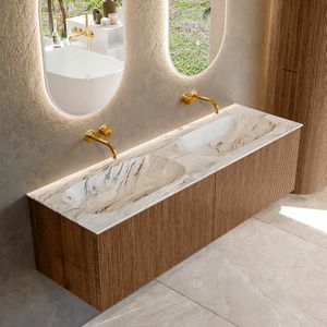 Mondiaz KURVE-DLUX 150 cm Onderkast Greeploos 2 Lades Zonder Deuren Walnut, Wastafel Solid Surface Dubbel Glace 0 Kraangaten Zonder Spiegel (KRVSTS1502L0D0KD-Wal/Gla)