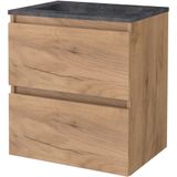 Badmeubelset bws salt 60x46 cm greeploos 2 lades met wastafel hardsteen 1 kraangat whisky oak