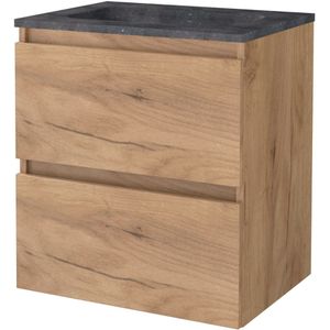 Badmeubelset bws salt 60x46 cm greeploos 2 lades met wastafel hardsteen 1 kraangat whisky oak