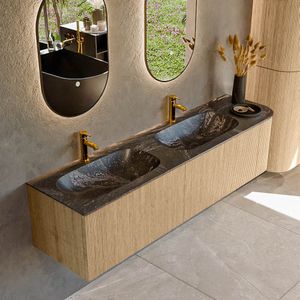 Mondiaz KURVE-DLUX 175 cm Onderkast Greeploos 2 Lades Met Deuren Oak, Wastafel Solid Surface Links Lava 2 Kraangaten Zonder Spiegel (KRVSTS175R2L1D2KD-Oak/Lav)
