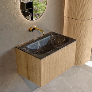 Mondiaz KURVE-DLUX 70 cm Onderkast Greeploos 1 Lade Zonder Deuren Oak, Wastafel Solid Surface Volledig Lava 0 Kraangaten Zonder Spiegel (KRVBGS701L0D0KM-Oak/Lav)