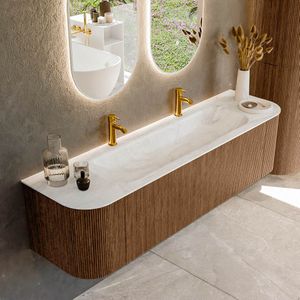 Mondiaz KURVE-DLUX 170 cm Onderkast Greeploos 1 Lade Met Deuren Walnut, Wastafel Solid Surface Midden Ostra 2 Kraangaten Zonder Spiegel (KRVBGL170L+R1L2D2KM-Wal/Ost)