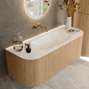 Mondiaz KURVE-DLUX 120 cm Onderkast Greeploos 1 Lade Met Deuren Oak, Wastafel Solid Surface Midden Ostra 0 Kraangaten Zonder Spiegel (KRVBGS120L+R1L2D0KM-Oak/Ost)