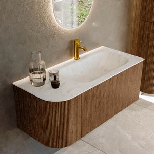 Mondiaz KURVE-DLUX 105 cm Onderkast Greeploos 1 Lade Met Deuren Walnut, Wastafel Solid Surface Rechts Opalo 1 Kraangat Zonder Spiegel (KRVBGS105L1L1D1KR-Wal/Opa)