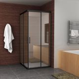 Douchecabine boss & wessing vierkant hoekinstap 2 schuifdeuren 90x90x200 cm 8 mm helder glas met nano coating mat zwart