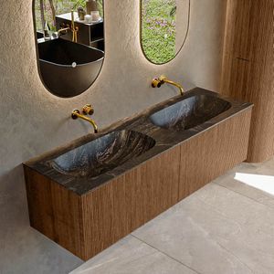 Mondiaz KURVE-DLUX 150 cm Onderkast Greeploos 2 Lades Zonder Deuren Walnut, Wastafel Solid Surface Dubbel Lava 0 Kraangaten Zonder Spiegel (KRVSTS1502L0D0KD-Wal/Lav)