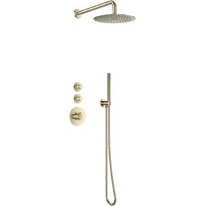 Doucheset Inbouw Deluxe Sanilux Giles Met Box Thermostaat Douchekop 25 cm Rond Geribbelde Knop Goud Geborsteld