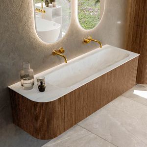Mondiaz KURVE-DLUX 145 cm Onderkast Greeploos 1 Lade Met Deuren Walnut, Wastafel Solid Surface Rechts Opalo 0 Kraangaten Zonder Spiegel (KRVBGL145L1L1D0KR-Wal/Opa)