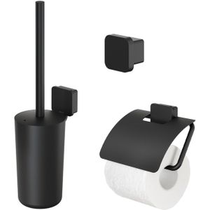 Accessoires set geesa topaz toiletborstelhouder handdoekhaak klein en toiletrolhouder mat zwart