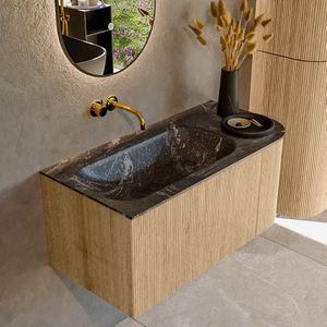 Mondiaz KURVE-DLUX 95 cm Onderkast Greeploos 1 Lade Met Deuren Oak, Wastafel Solid Surface Links Lava 0 Kraangaten Zonder Spiegel (KRVBGS95R1L1D0KL-Oak/Lav)