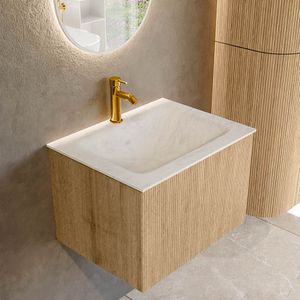 Mondiaz KURVE-DLUX 60 cm Onderkast Greeploos 1 Lade Zonder Deuren Oak, Wastafel Solid Surface Midden Opalo 1 Kraangat Zonder Spiegel (KRVCLO601L0D1KM-Oak/Opa)