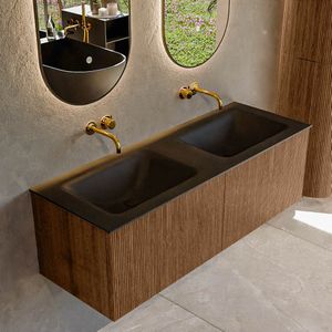 Mondiaz KURVE 130 cm Onderkast Greeploos 2 Lades Zonder Deuren Walnut, Wastafel Solid Surface Dubbel Urban 0 Kraangaten Zonder Spiegel (KRVCLO1302L0D0KD-Wal/Urb)