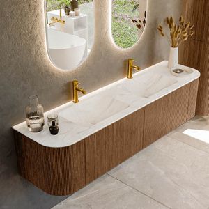 Mondiaz KURVE-DLUX 180 cm Onderkast Greeploos 2 Lades Met Deuren Walnut, Wastafel Solid Surface Dubbel Ostra 2 Kraangaten Zonder Spiegel (KRVLEA180L+R2L2D2KD-Wal/Ost)