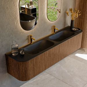 Mondiaz KURVE 190 cm Onderkast Greeploos 2 Lades Met Deuren Walnut, Wastafel Solid Surface Dubbel Urban 2 Kraangaten Zonder Spiegel (KRVBGS190L+R2L2D2KD-Wal/Urb)