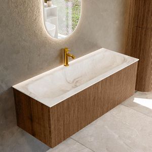 Mondiaz KURVE-DLUX 120 cm Onderkast Greeploos 1 Lade Zonder Deuren Walnut, Wastafel Solid Surface Volledig Frappe 1 Kraangat Zonder Spiegel (KRVBGL1201L0D1KM-Wal/Fra)