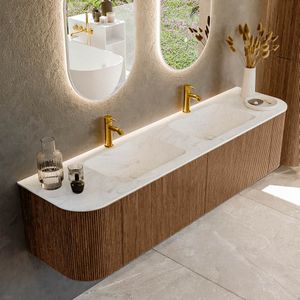 Mondiaz KURVE-DLUX 180 cm Onderkast Greeploos 2 Lades Met Deuren Walnut, Wastafel Solid Surface Dubbel Opalo 2 Kraangaten Zonder Spiegel (KRVLEA180L+R2L2D2KD-Wal/Opa)