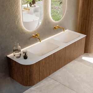 Mondiaz KURVE 155 cm Onderkast Greeploos 2 Lades Met Deuren Walnut, Wastafel Solid Surface Rechts Talc 0 Kraangaten Zonder Spiegel (KRVCLO155L2L1D0KD-Wal/Tal)