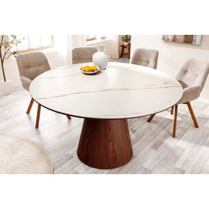 Ronde tafel walnoot zuil wit keramiek marmer look 120cm