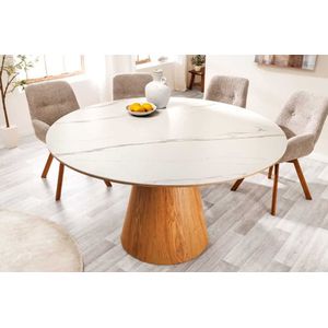 Ronde tafel eiken zuil wit keramiek marmer look 120cm