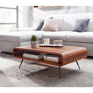 Salontafel Donkerbruin - Retro Styling met Ronde Vormgeving en Zwarte Metalen Poten