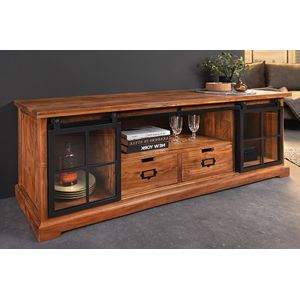 Acaciahouten tv meubel met zwarte schuifdeuren 160 cm