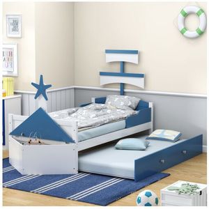 Kinderbett aus Holz 90x200, Segelbootform mit Ausziehbarem Bett, Schrank am Ende des Bettes - Blau