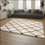 Teppich Wohnzimmer Creme Weiß Weich Groß Shaggy Flokati Rauten Muster Hochflor 120x160 cm - Paco Home