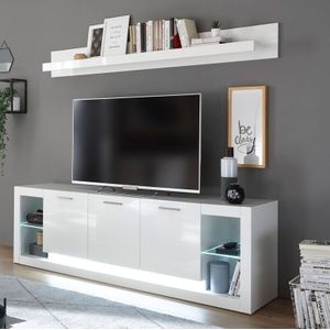 Lomadox - Zeitloses und modernes Design Lowboard & Wandregal Set MAILAND-61 in Hochglanz weiß, inkl. LED-Beleuchtung, b/h/t: 198/163/43cm