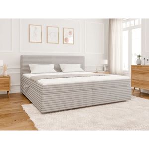 Odin - Boxspringbett 200x200 mit Topper und Bettkästen aus Hellgrau Plüschcord